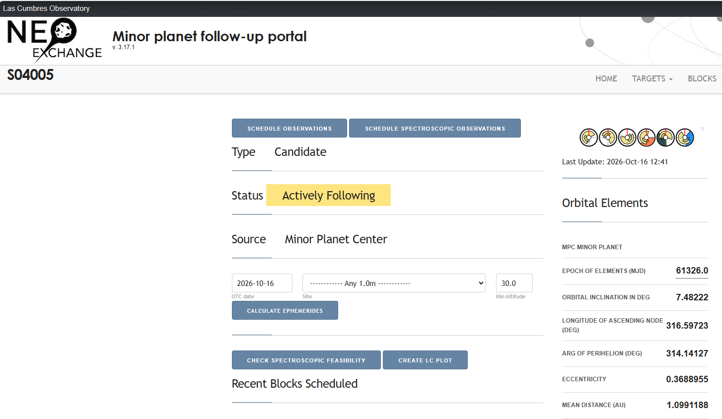 LCO NEOexchange S04005 screenshot, 16 October 2026